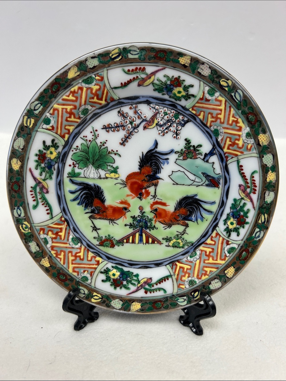 Vintage Chinese export porcelain 6” hand painted “ 3 Rooster “ plate